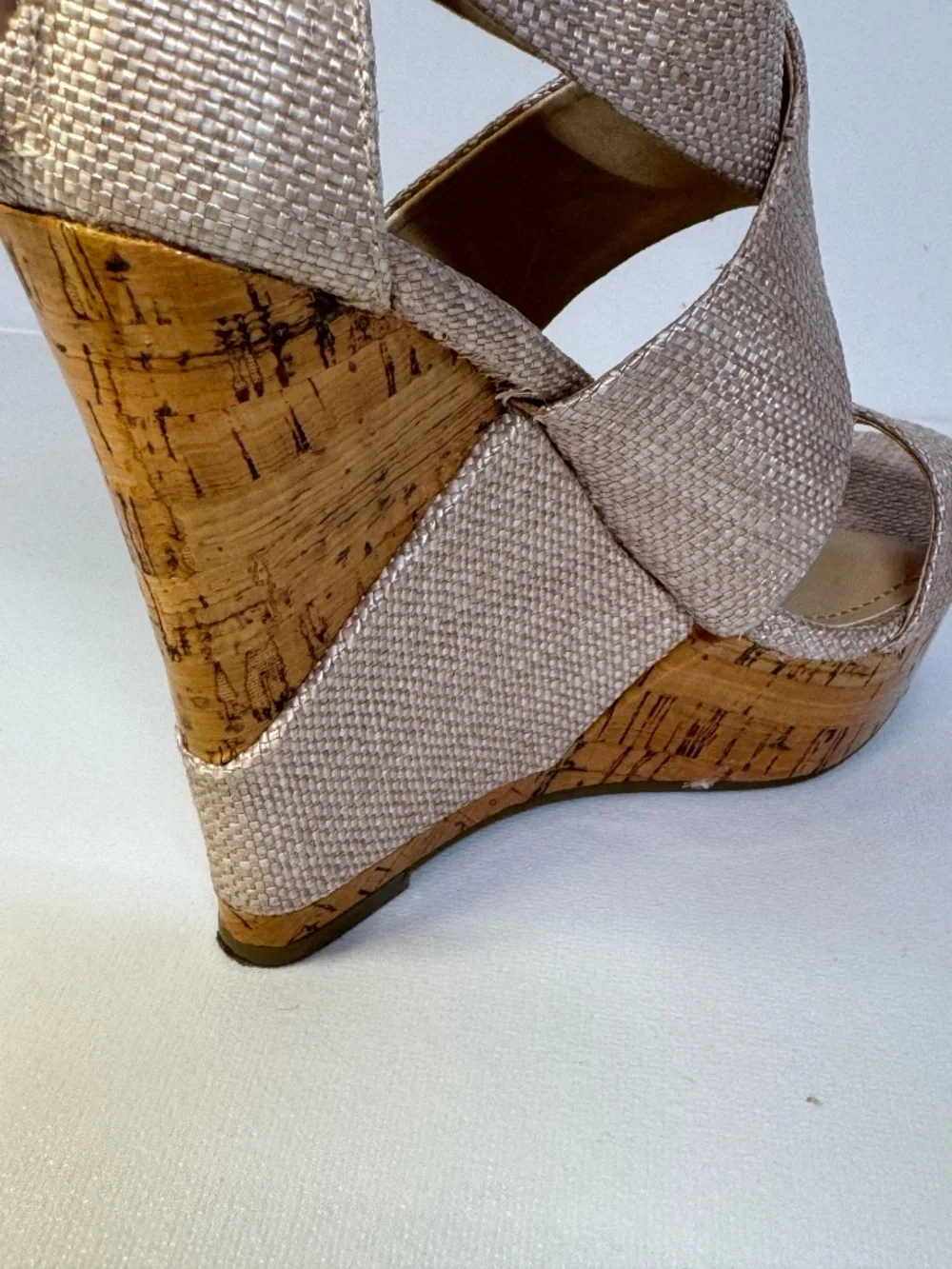 BCBGeneration Gold Linen Raffia Cork Wedge Sandals Size 6B